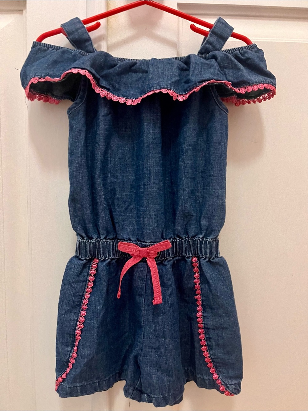 DKNY Blue Denim Girls Romper with Pink Trim - 3T